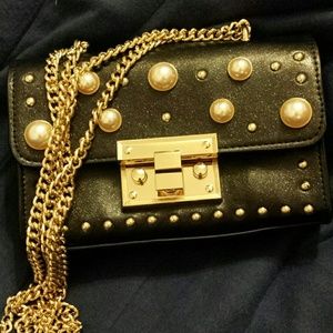 NWOT Black leather w/ pearls Crossbody Purse